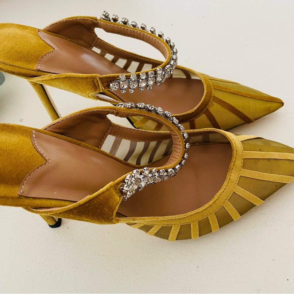 Faux Velvet Mustard Rhinestone Crystal Arch Heels Mules - Picture 5 of 10